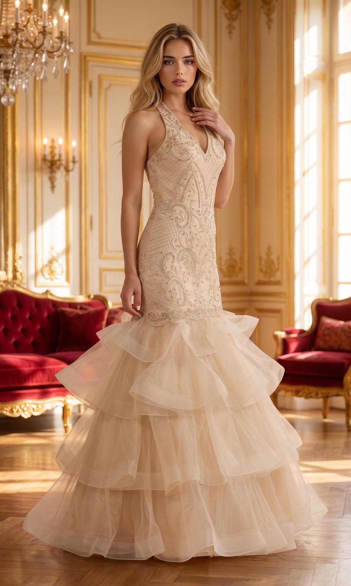 A woman wearing the Beaded Long Halter Mermaid Tiered Prom Dress 8466 in champagne stands in an ornate room with gold accents, red velvet furniture, and a chandelier.